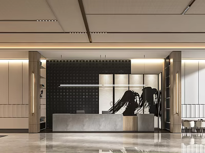 Modern Hotel Lobby Interior With Reception Desk Marble Flooring Textured Wall And Elegant Lighting 3d model