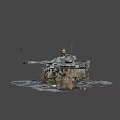 Military Tank With Cannon On Snow Covered Muddy Ground And Dry Grass