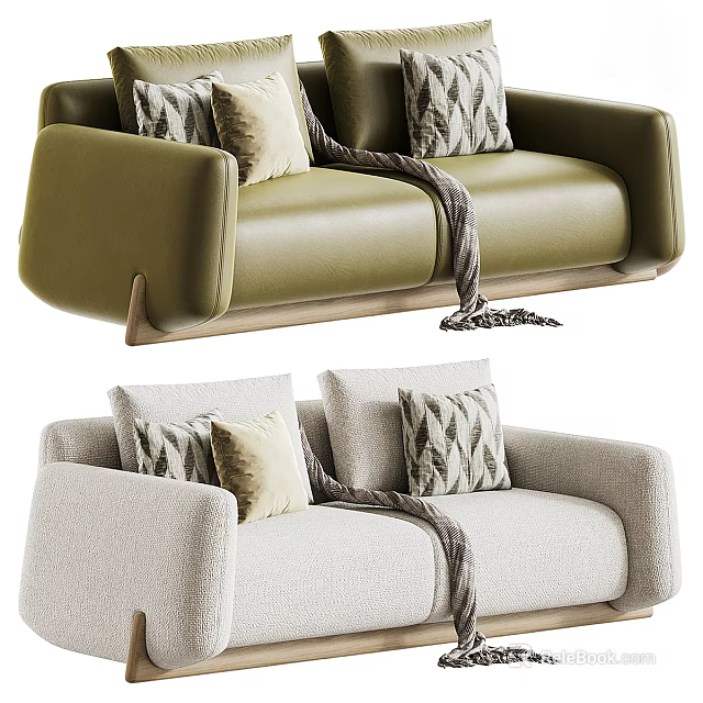 Modern Leather And Fabric Two Seater Sofa With Decorative Pillows And Cozy Throw Blanket 3d model 