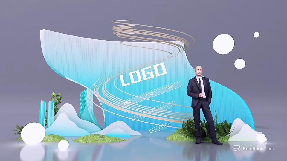 Ideal Photo Taking Spot With Blue White Wave Structure LOGO Green Plants And Mountain Shapes 3d model 