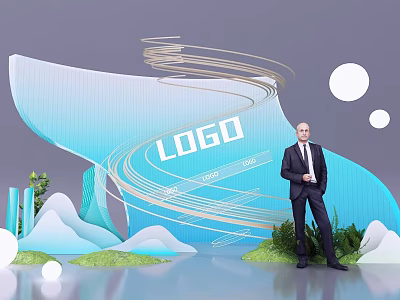 Ideal Photo Taking Spot With Blue White Wave Structure LOGO Green Plants And Mountain Shapes 3d model