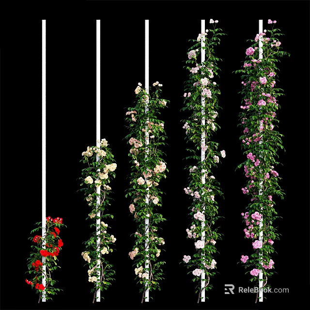 Vibrant Climbing Flowers With Green Vines On White Poles For Vertical Garden Decoration 3d model 