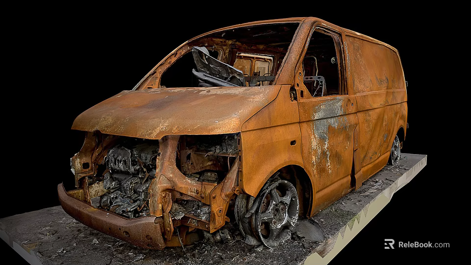 Rusted Damaged Van With Burnt Body And Broken Metal Parts 3d model 