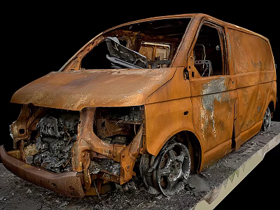 Rusted Damaged Van With Burnt Body And Broken Metal Parts 3d model