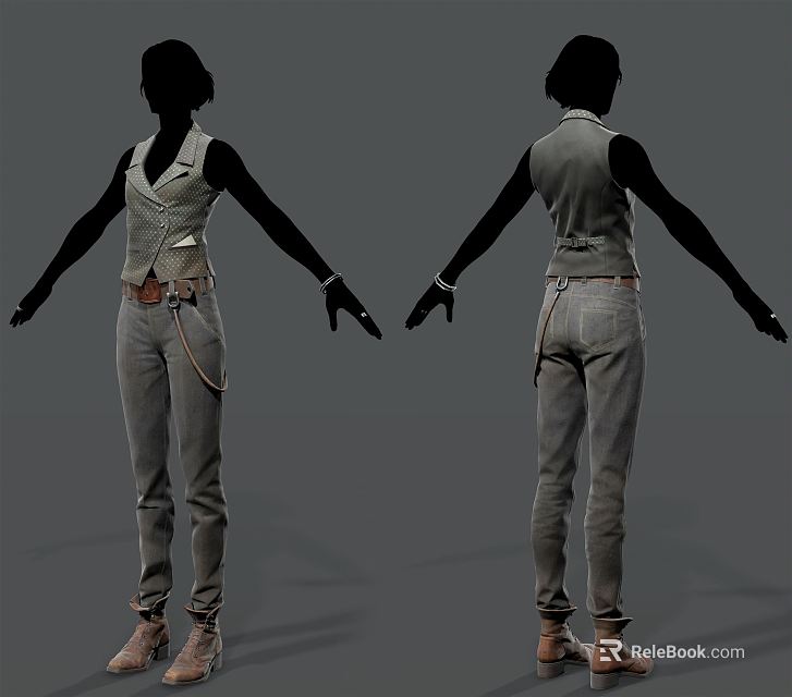 Fashion Model Front And Back View Wearing Gray Vest And Gray Pants 3d model 