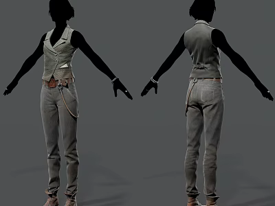 Fashion Model Front And Back View Wearing Gray Vest And Gray Pants 3d model