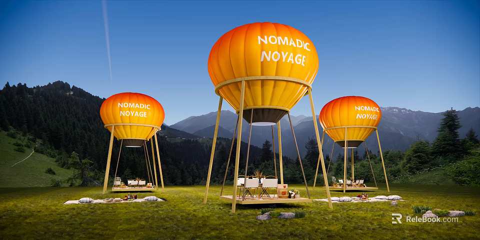 Nomadic Voyage Campsite With Orange Balloon Structures On Grassland Near Mountains 3d model 