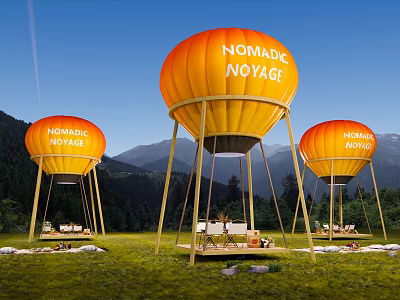 Nomadic Voyage Campsite With Orange Balloon Structures On Grassland Near Mountains 3d model