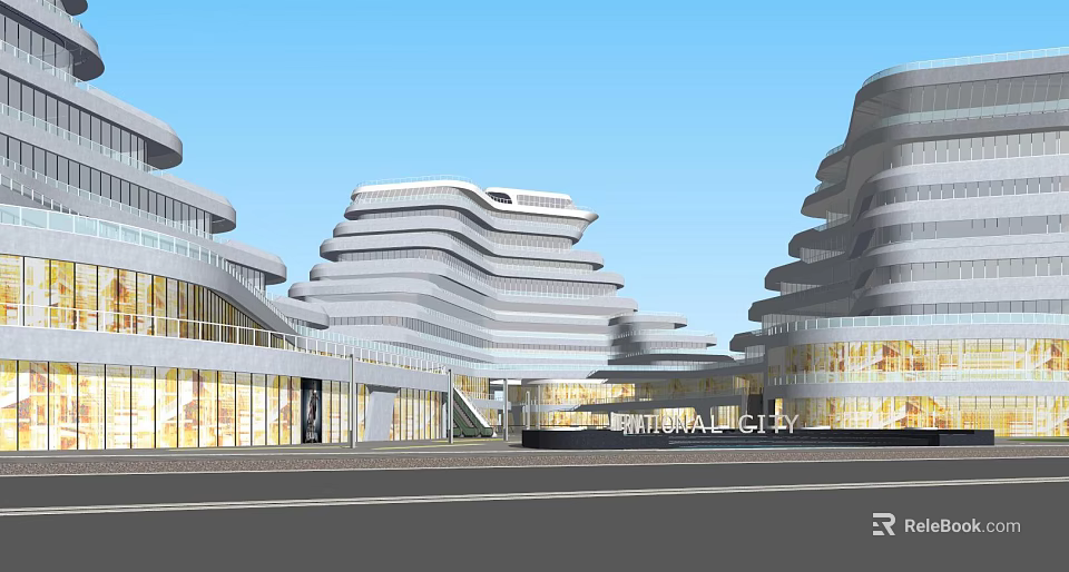 Modern Commercial Street With Unique Curved Buildings And Glass Storefronts 3d model 