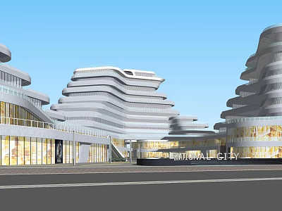 Modern Commercial Street With Unique Curved Buildings And Glass Storefronts 3d model