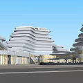 Modern Commercial Street With Unique Curved Buildings And Glass Storefronts