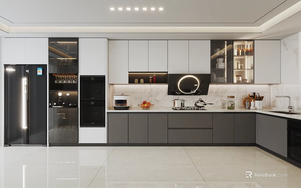 Modern Kitchen Interior With Island Counter Cabinets Appliances And Range Hood 3d model 