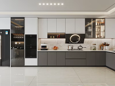 Modern Kitchen Interior With Island Counter Cabinets Appliances And Range Hood 3d model