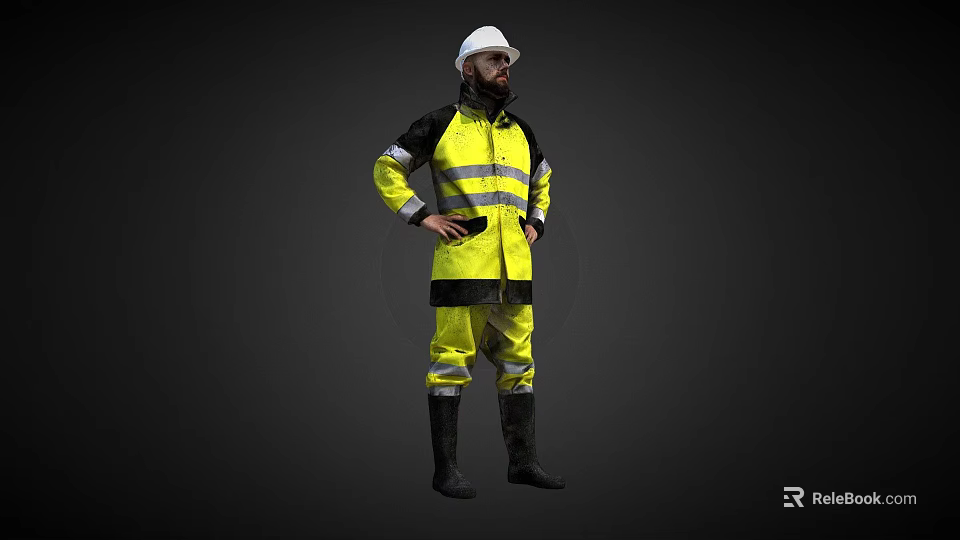 Man in Yellow Reflective Work Uniform and White Safety Helmet Standing with Hands on Hips 3d model 