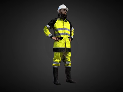 Man in Yellow Reflective Work Uniform and White Safety Helmet Standing with Hands on Hips 3d model