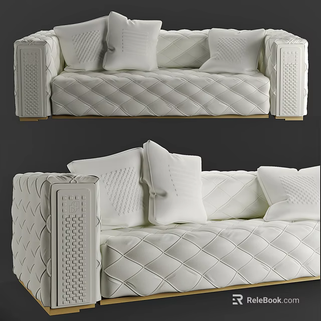 Elegant White Two Seater Sofa With Quilted Pattern Woven Armrests And Decorative Pillows 3d model 