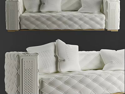 Elegant White Two Seater Sofa With Quilted Pattern Woven Armrests And Decorative Pillows 3d model