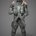 Game And Movie Character In Camouflage Uniform With Tactical Gear And Rifle