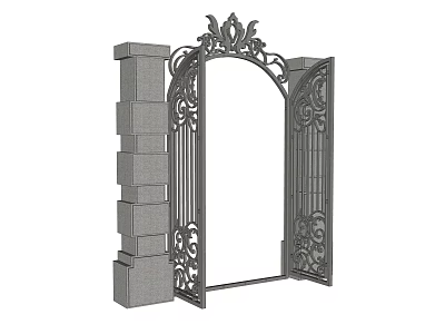 Wrought Iron Gate With Ornate Carvings Arched Frame And Stone Pillars 3d model