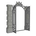 Wrought Iron Gate With Ornate Carvings Arched Frame And Stone Pillars