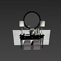 Dining Table Set With Black Table Grey Tufted Stools Lamps White Tulips And Round Mirror