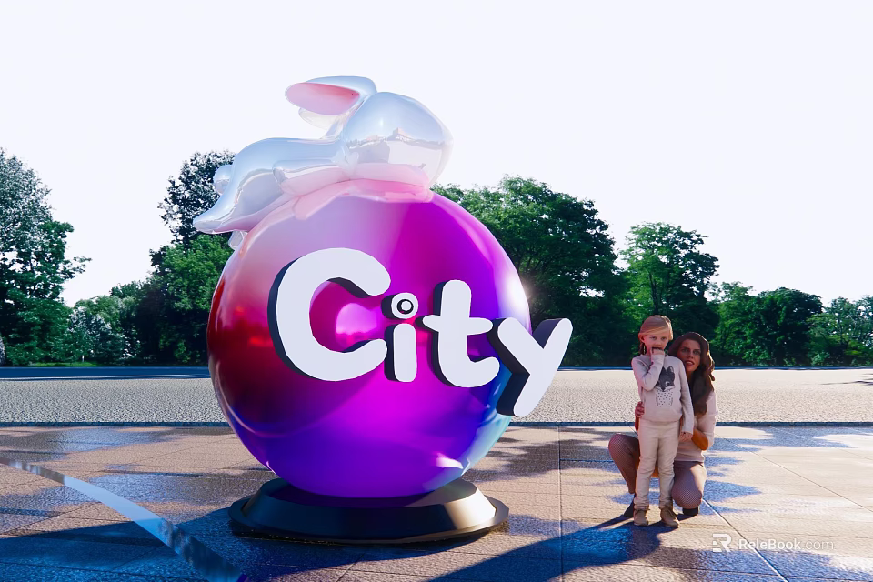 Giant Purple Sphere With City Sign Rabbit Sculpture Parent Child Observing In Outdoor Park 3d model 