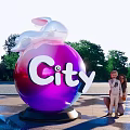 Giant Purple Sphere With City Sign Rabbit Sculpture Parent Child Observing In Outdoor Park