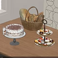 Delicious Cake and Bread Basket with Multi Tiered Dessert Stand on Wooden Table