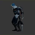 Hooded Man in Blue Silver Armor Holding Sword Spiked Weapon with Cloak and Icy Details