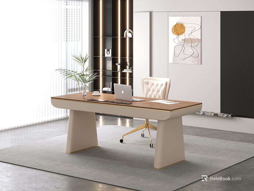 Modern Desk With Laptop Green Plant And White Office Chair In Bright Room With Art 3d model 