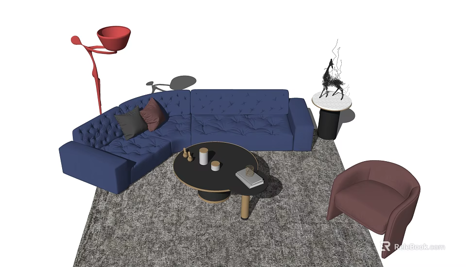 Blue L shaped Sofa and Black Round Coffee Table Set with Red Floor Lamp 3d model