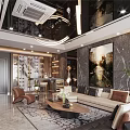 Elegant Modern Dining and Living Room Interior Design With Marble Wall Sofa Artwork And Rug