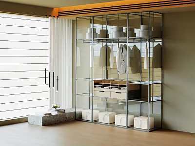 Modern Glass Wardrobe Interior With Hanging Clothes Drawers And Storage Boxes 3d model