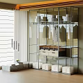Modern Glass Wardrobe Interior With Hanging Clothes Drawers And Storage Boxes