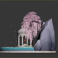Weeping Pink Trees And Lotus Plants Around White Pavilion On Blue Platform Under Full Moon