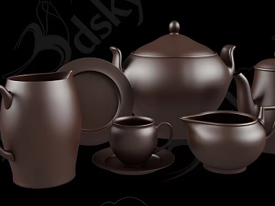 Complete Brown Ceramic Tea Set with Teapot Cup Saucer and Milk Jug 3d model