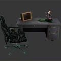 Black Wheeled Office Chair With Old Wooden Desk Yellow Monitor And Table Lamp