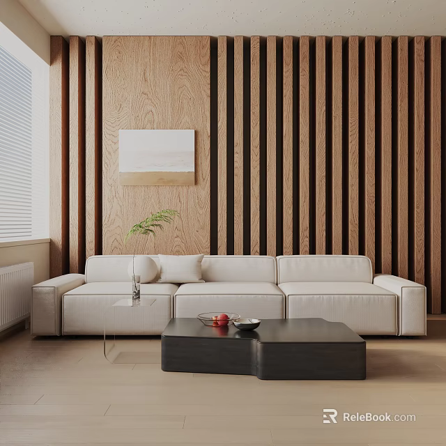 Modern White Three Seater Sofa With Wooden Wall And Black Coffee Table 3d model
