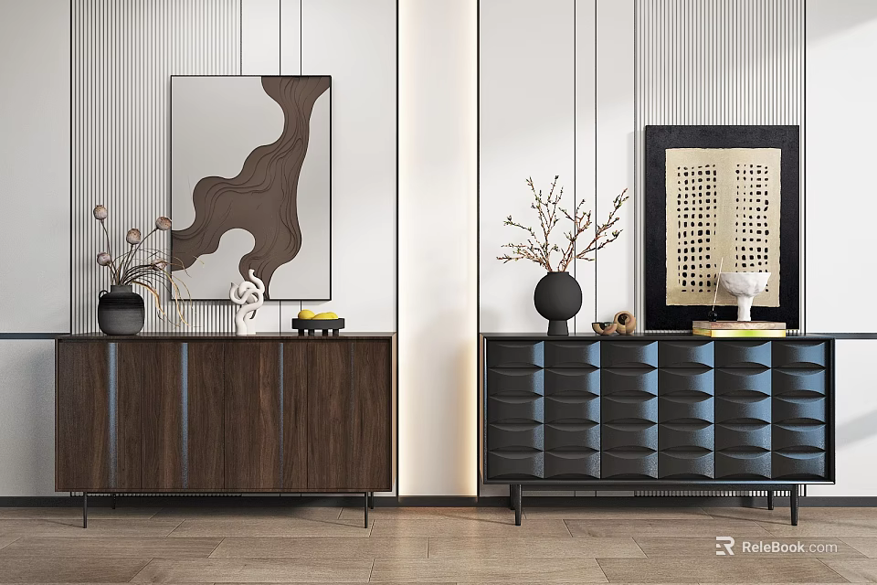 Modern Elegant Entryway Cabinet And Side Cabinet With Walnut Textured Decorative Vases Vertical Striped Wall 3d model 