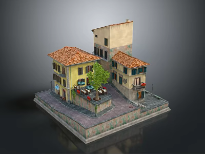 Modern Scene 3D Model of Small Buildings with Red Tile Roofs Yellow Walls Courtyard Tree and Tables Chairs 3d model