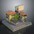 Modern Scene 3D Model of Small Buildings with Red Tile Roofs Yellow Walls Courtyard Tree and Tables Chairs