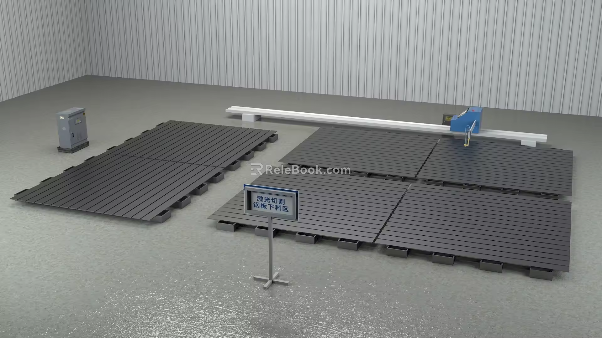 Modern steel component laser cutting machine laser cutting steel plate blanking area distribution box steel component processing factory worker factory 3d model