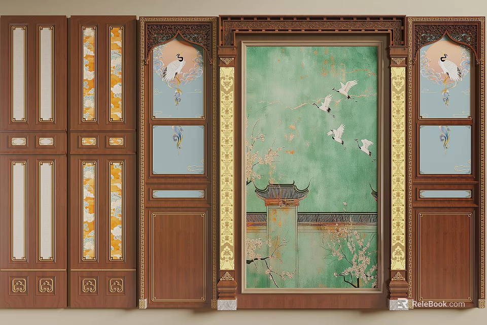 Chinese Traditional Wall Panels Featuring Crane Pagoda And Plum Blossom On Green Background 3d model 