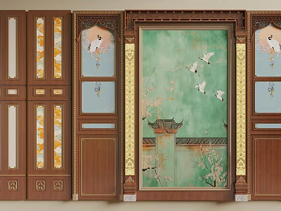 Chinese Traditional Wall Panels Featuring Crane Pagoda And Plum Blossom On Green Background 3d model