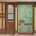 Chinese Traditional Wall Panels Featuring Crane Pagoda And Plum Blossom On Green Background