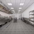 Commercial Kitchen With Stainless Steel Equipment White Walls Ceiling Lights Windows And Central Workbench