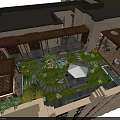Courtyard Garden Landscape With Night Lighting Lawn Stone Pathway Water Feature And Umbrella