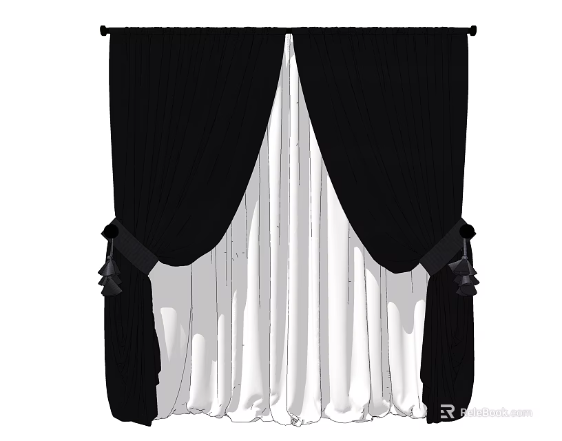 Elegant Black And White Double Layer Curtains With Decorative Ties Design 3d model 