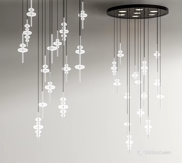 Modern Artistic Chandelier With Black Hanging Lines And White Layered Circular Decorations 3d model 