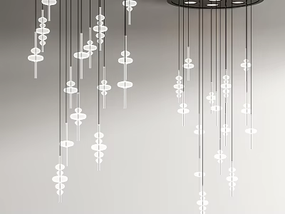 Modern Artistic Chandelier With Black Hanging Lines And White Layered Circular Decorations 3d model